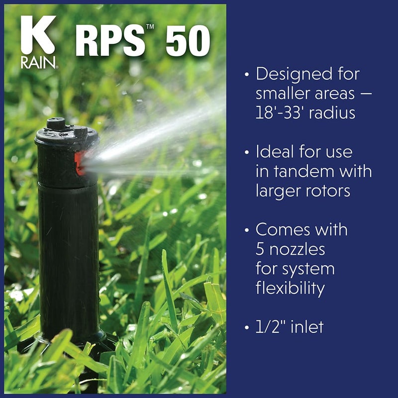 K-Rain RPS50 1/2" Gear Drive Rotor 4" Pop-Up, 18' - 33' Spray Distance, 20-70 PSI, 40 - 360 Arc Spray Pattern, Stainless Steel, Silver, Automatic Lawn Sprinkler Head, Includes Install Kit (5 Pack) - Image 3